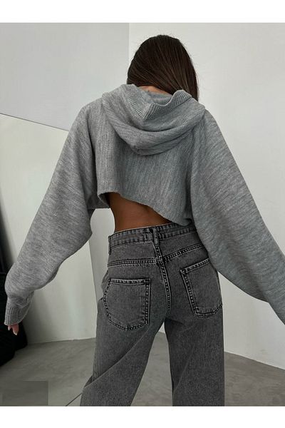 lovebox Women's Hooded Detailed Crop Gray Sweater 23W16012