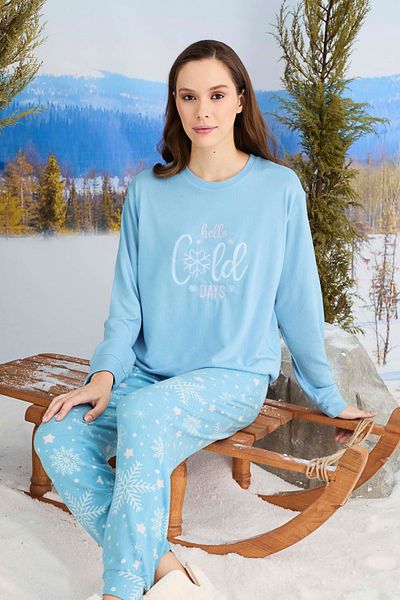 İYİBU Set pijama termică Aydoğan, mânecă lungă, material moale, albastru gheață