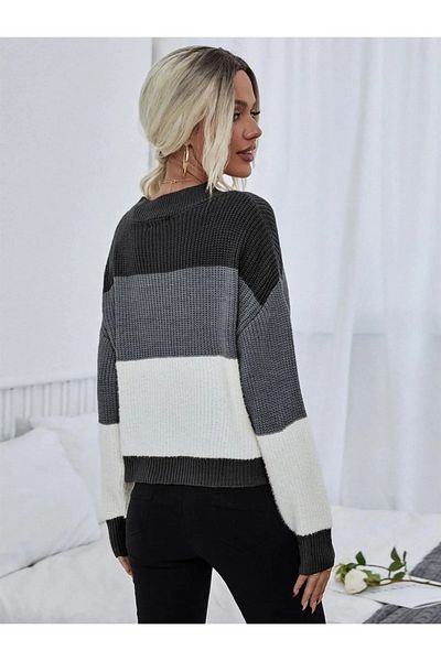 AQE FASHION Color Blocked Long Sleeve Crew Neck Women's Knitwear Sweater