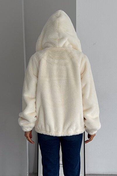 FEMELLE Women's Double Pocket Denim Detailed Lined Zipper Hooded Denim Fur Coat