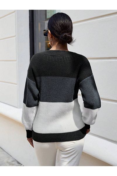 AQE FASHION Pulover de damă, cu mânecă lungă, cu decolteu circular, blocat de culoare, antracit/gri/alb