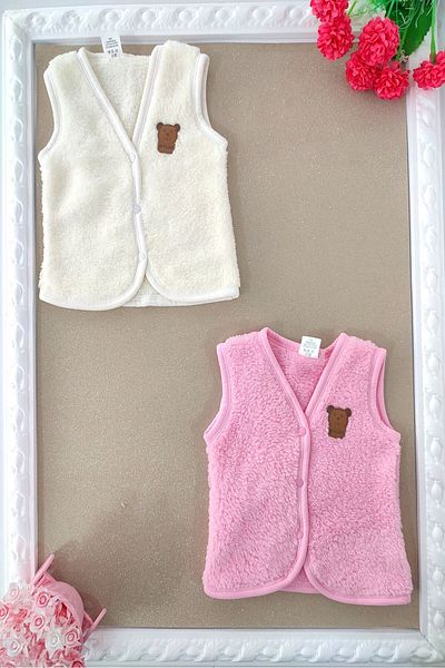 dubi baby Baby Girl, 2-Piece Plush Vest with Honey Star Front Snaps, Teddy Bear Emblem, Welsoft