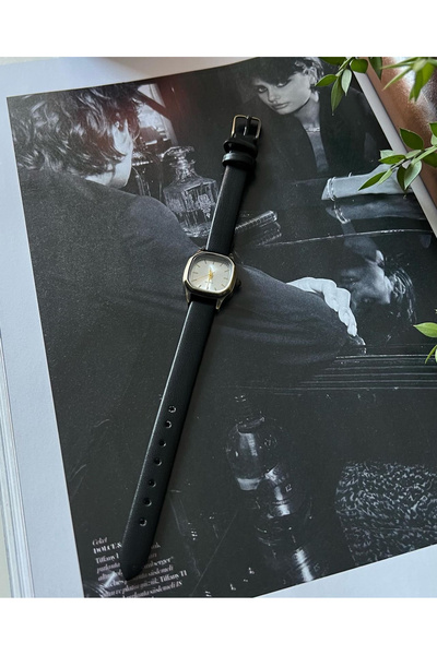 İnogge Siyah Deri Kordonlu Eskitme Kasa Vintage Kadın Kol Saati