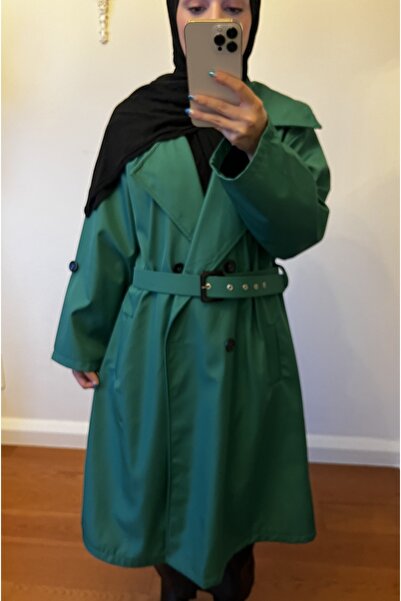 Esre Store Kol Detaylı Tesettür Trençkot Yeşil