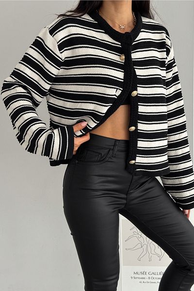 FEMELLE Cardigan de damă, cu nasturi aurii, în dungi alb-negru