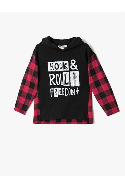 Koton Slogan Plaid Hooded Sweatshirt Cotton