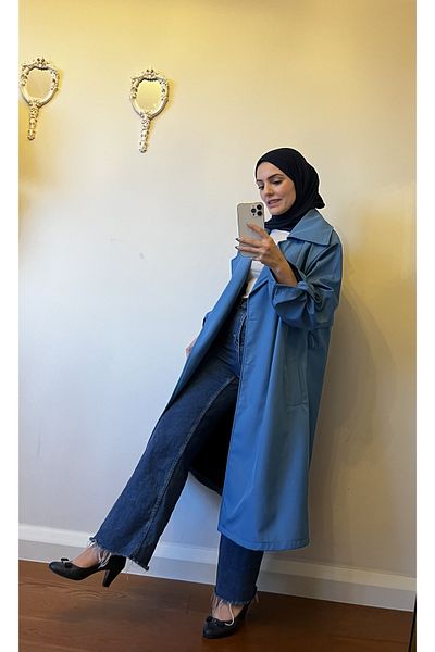 Esre Store Sleeve Detailed Hijab Trench Coat Blue