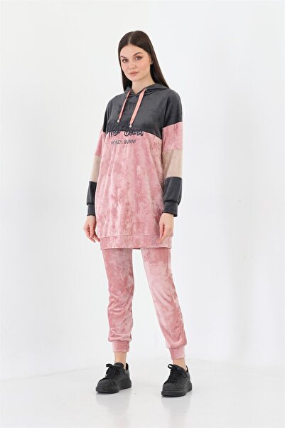 WestBound French Velvet Plush Embroidery Printed Women's Tracksuit Set - Powder