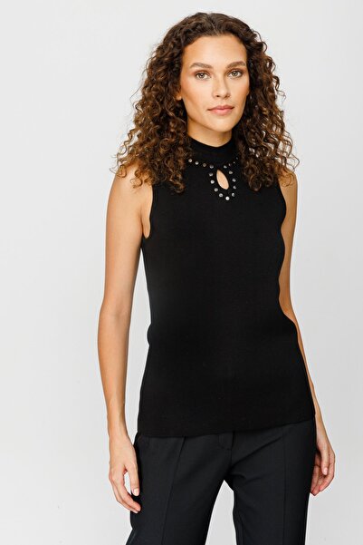 Ekol Ten Collar Embroidered Sleeveless Knitwear Blouse