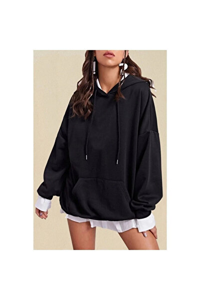 SILATU Düz Siyah Kapüşonlu Oversize Sweatshirt