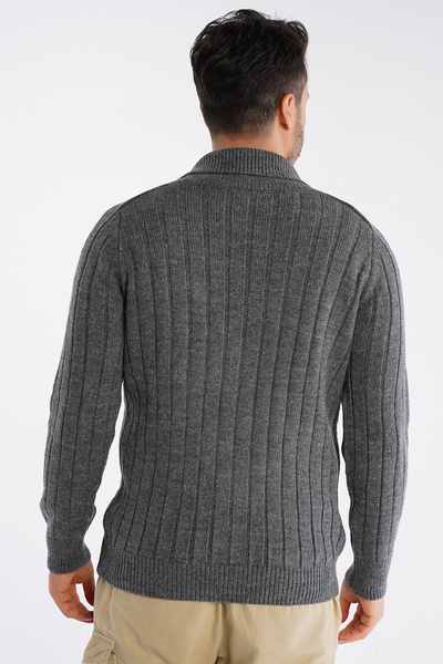 Trist Star Ανδρικό μάλλινο πλεκτό μπουφάν με ραβδώσεις σκούρο γκρι Trist-5305