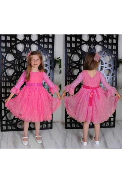 Trend Çocuk Kız Çocuk Güpürlü Tül Abiye Elbise 6-13 Yaş Pembe