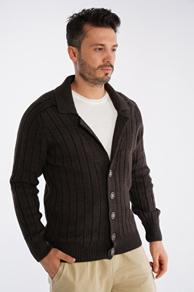 Trist Star Ανδρικό πλεκτό μάλλινο μπουφάν με ραβδώσεις καφέ με κουμπιά Trist-5305