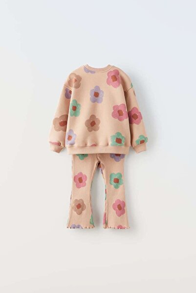 Magu Girl's Colorful Flower Patterned Cotton Sweatshirt Spanish Leggings Top-Bottom Set