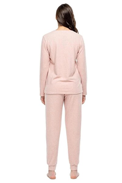 Mod Collection 3981 Kadın Pembe Melanj Yuvarlak Yaka Uzun Kollu Pijama Takımı -Pembemelanj