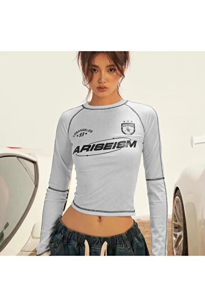 Touz Y2K Streetwear Ariseism Printed Backstitch White Long Sleeve Crop