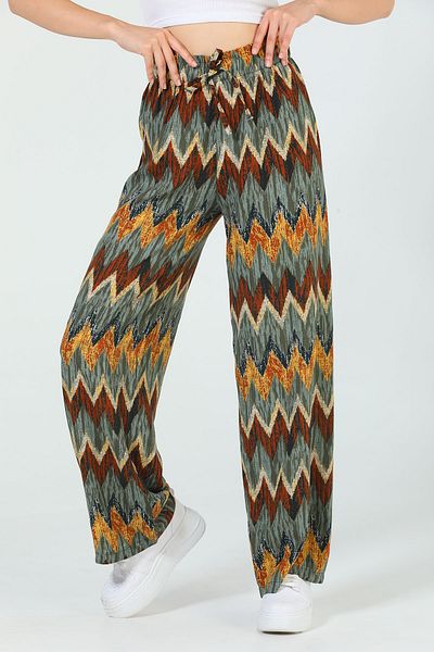 GÜLSELİ Khaki Women's Patterned Wide Leg Trousers