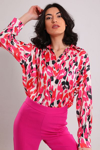 GÜLSELİ Fuchsia Satin Oversize Shirt - Single Pocket and Patterned