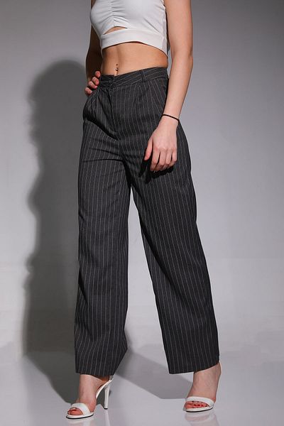 GÜLSELİ Anthracite Women's Striped Palazzo Style Trousers