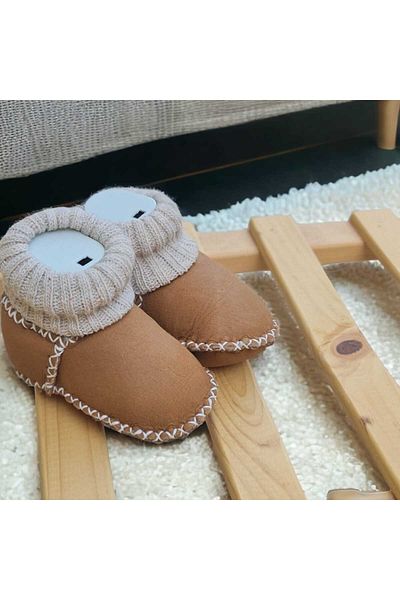 BEBEĞİME ÇORAP Organic Leather Baby Booties - Baby Home Shoes with Ankle Socks