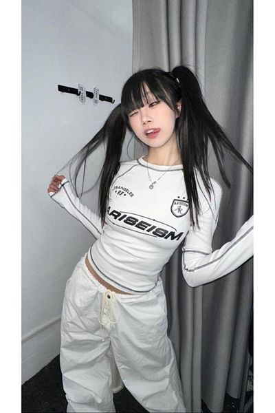Touz Y2K Streetwear Ariseism Printed Backstitch White Long Sleeve Crop