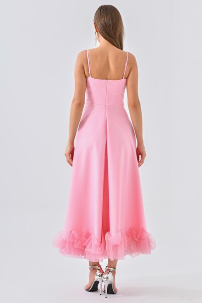 vuvutasarım Pamuklu Atlas Kumaş İnce Askılı Etekucu Tül Detaylı Midi Boy Pembe Abiye Elbise 9326