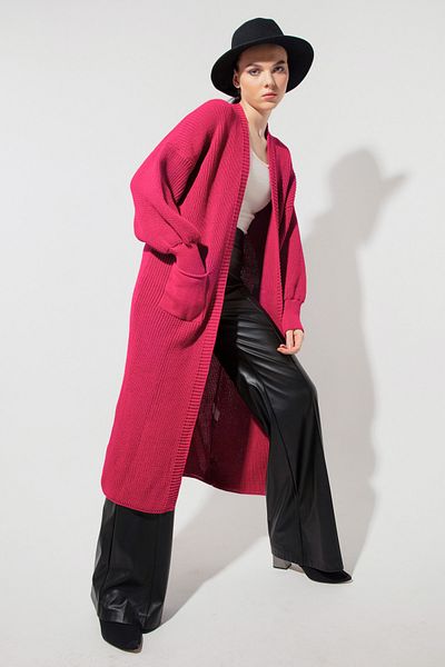 OFZE Cardigan lung de tricot cu mânecă cu balon fucsia pentru femei