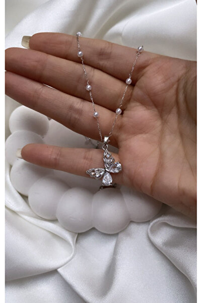 Accessories Gümüş Renk Incili Çelik Kelebek Kolye