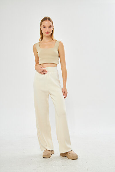 AS Anita Store Krem Wide Leg Bol Paça Beli Lastikli Triko Pantolon