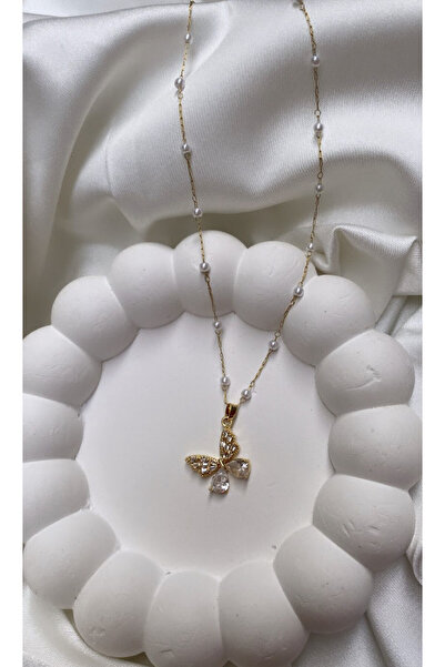 Accessories Gold Renk Incili Çelik Kelebek Kolye