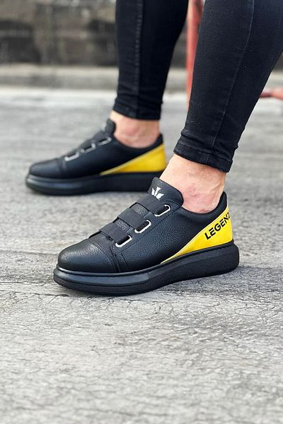 Joy Man J029 Pantofi pentru bărbați, fără șireturi, cu 3 benzi, cu talpă ortopedică elastică, pantof casual ST Negru/Galben