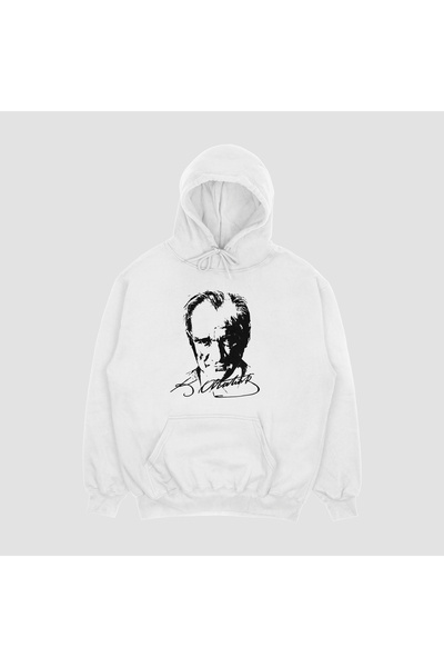FECCY Unisex Λευκό φούτερ με κουκούλα με στάμπα Ατατούρκ, Oversize
