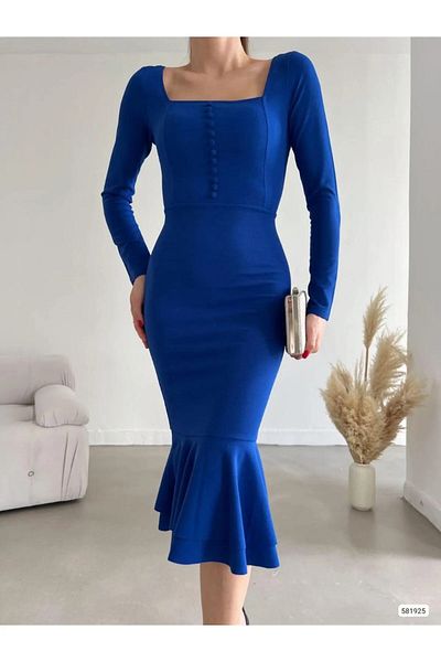 modakyra Rochie de damă cu decolteu în U, cu nasturi și cu volane, din țesătură creponată importată (culoare)