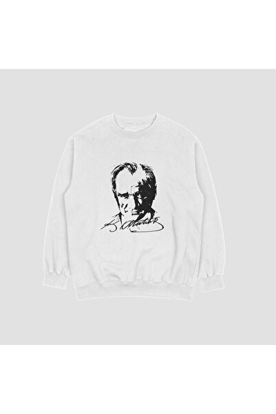 FECCY Unisex Λευκό φούτερ με στάμπα Ατατούρκ, χωρίς κουκούλα, σε μεγάλο μέγεθος