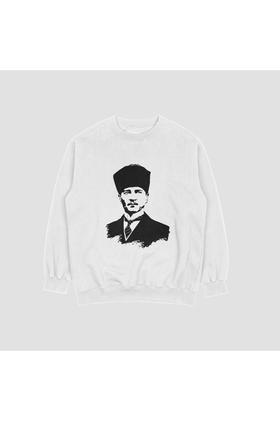 FECCY Unisex Λευκό φούτερ με στάμπα Ατατούρκ, χωρίς κουκούλα, σε μεγάλο μέγεθος