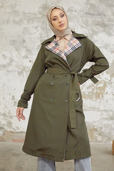InStyle Eleta Double Breasted Collar Plaid Trench Coat - Khaki