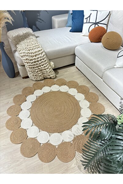 MaVaux Hasır Jüt Çiçek Desenli Kilim Halı