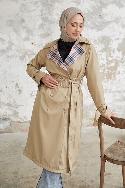InStyle Trench cu guler dublu în carouri Eleta - Bej