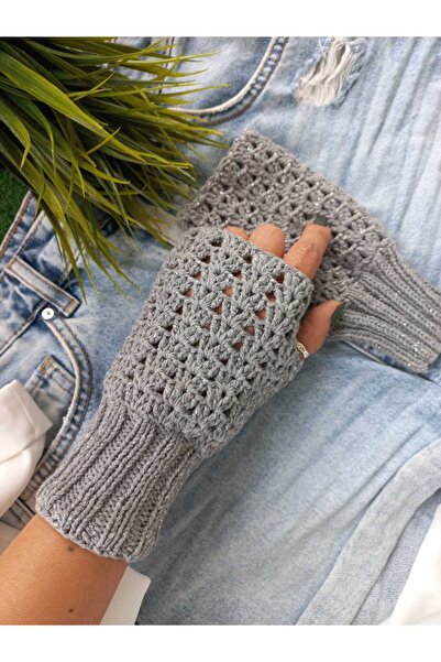 ZeynDesign Trendy Desenli Gri Parmaksız Eldiven