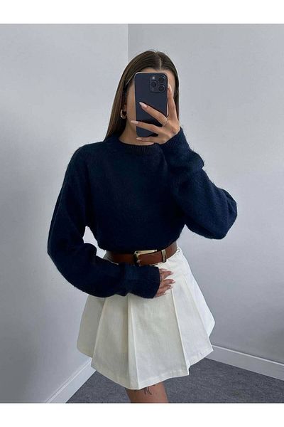Laluvia Navy Blue Crew Neck puha pulóver