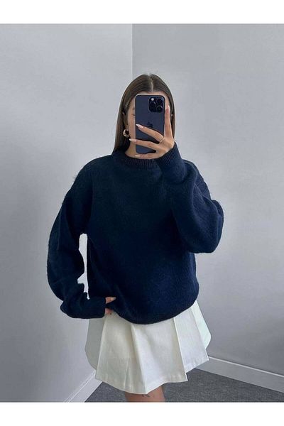 Laluvia Navy Blue Crew Neck puha pulóver