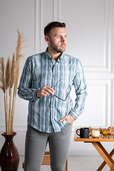 Sarar İnterview Sarar Goias Yaka Düğmeli Desenli Slim Fit Yeşil Gömlek