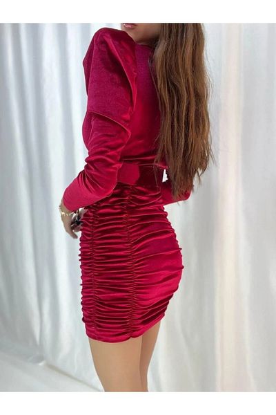 rengafashion Rochie de damă din țesătură din catifea cu guler dublu cu detaliu cu șnur (culoare)