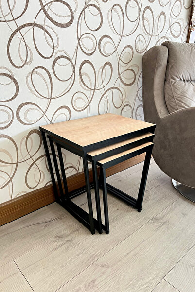 Milonsa 3'lü Zigon Sehpa Takımı Yan Sehpa Metal Ahşap Servis Sehpası