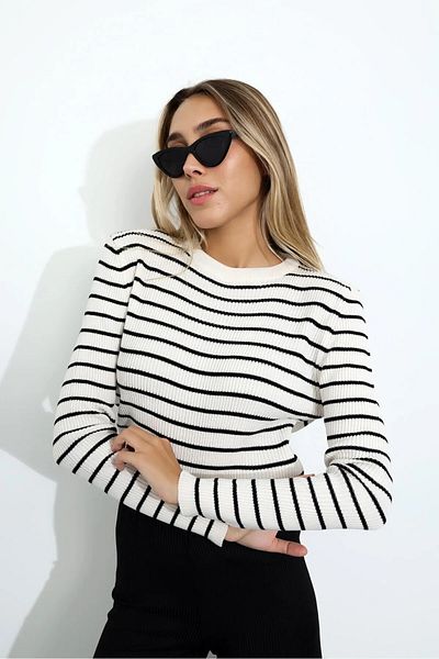 Laluvia Ecru Crew Neck csíkos kötöttáru pulóver