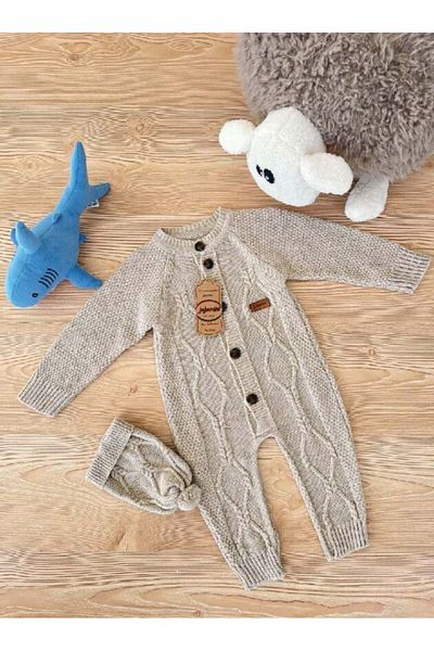 DIDuStore Knitted Patterned Acrylic Jumpsuit and Beanie Set for 0-12 Months Babies