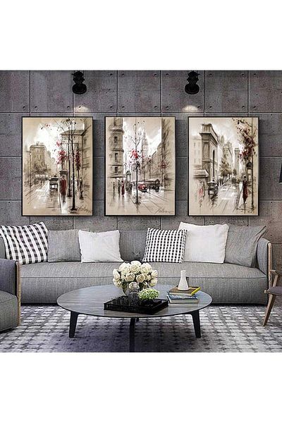 Linacci Set de 3 picturi din sticlă metalică retro City cu cadru subțire negru