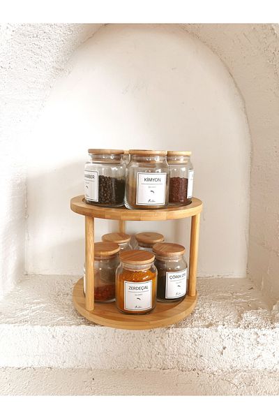 KaiHome 10-Piece Glass Spice Set with Bamboo Rotating Stand and Bamboo Vacuum Lid