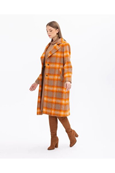 SEÇİL BÜYÜK BEDEN EKOSE DESENLİ RAHAT KESİM KABAN-Turuncu - 46