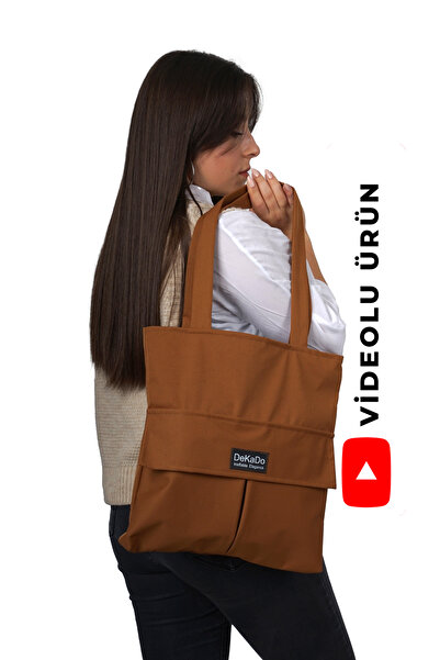 dekado Kadın Kahverengi Fermuarlı El Ve Omuz Çantası Kumaş Bez Çanta Özel Dik...